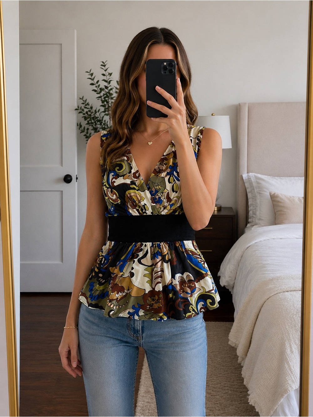 Vintage 100% Silk Babydoll Top 70s Psychedelic Floral Print Y2K Eclectic Boho‎
